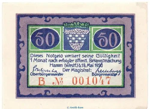 Notgeld Stadt Hamm 568.2.a , 50 Pfennig B Nr.4 breiter Rand in kfr. von 1920 , Westfalen Seriennotgeld