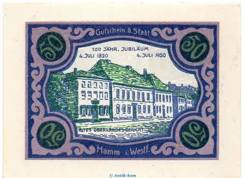 Notgeld Stadt Hamm 568.2.a , 50 Pfennig B Nr.3 breiter Rand in kfr. von 1920 , Westfalen Seriennotgeld