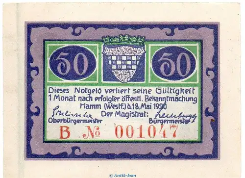 Notgeld Stadt Hamm 568.2.a , 50 Pfennig B Nr.3 breiter Rand in kfr. von 1920 , Westfalen Seriennotgeld