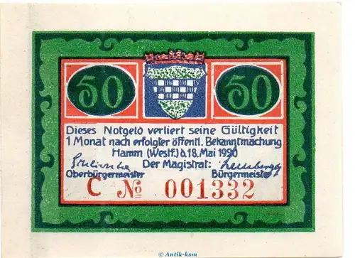 Notgeld Stadt Hamm 568.2.b , 50 Pfennig C Nr.6 breiter Rand in kfr. von 1920 , Westfalen Seriennotgeld