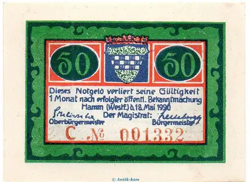 Notgeld Stadt Hamm 568.2.b , 50 Pfennig C Nr.5 breiter Rand in kfr. von 1920 , Westfalen Seriennotgeld