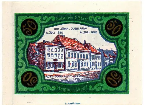 Notgeld Stadt Hamm 568.2.b , 50 Pfennig C Nr.5 breiter Rand in kfr. von 1920 , Westfalen Seriennotgeld