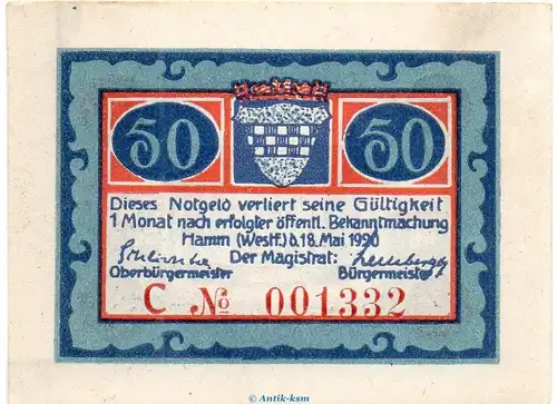 Notgeld Stadt Hamm 568.2.b , 50 Pfennig C Nr.8 breiter Rand in kfr. von 1920 , Westfalen Seriennotgeld