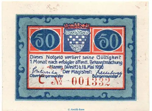 Notgeld Stadt Hamm 568.2.b , 50 Pfennig C Nr.7 breiter Rand in kfr. von 1920 , Westfalen Seriennotgeld