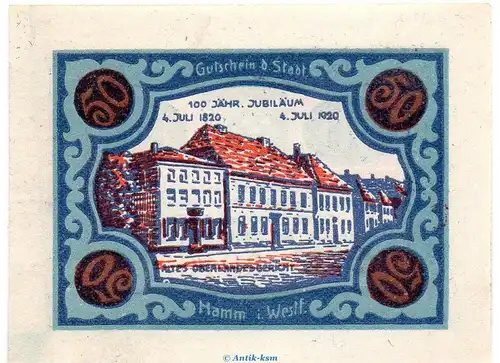 Notgeld Stadt Hamm 568.2.b , 50 Pfennig C Nr.7 breiter Rand in kfr. von 1920 , Westfalen Seriennotgeld