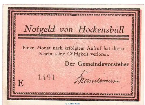 Notgeld Gemeinde Hockensbüll 614.1.a , 50 Pfennig rosa -E- mit Kn. in kfr. o.D. Schleswig Holstein Seriennotgeld