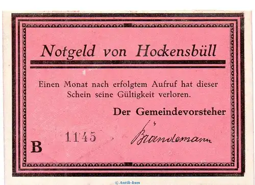 Notgeld Gemeinde Hockensbüll 614.2.a , 50 Pfennig viol. -E- mit Kn. in kfr. o.D. Schleswig Holstein Seriennotgeld