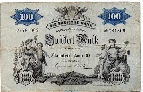 Länderbanknote , 100 Mark Schein in gbr. BAD-5.a, Ros.706, S.906 , von 1907 , Badische Notenbank