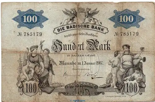 Länderbanknote , 100 Mark Schein in gbr-4 , BAD-5, Ros.706, S.906 , vom 01.10.1907 , Badische Notenbank
