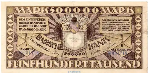 Länderbanknote , 500.000 Mark Schein in gbr. BAD-10, Ros.712, S.911 , vom 01.08.1923 , Badische Notenbank - Inflation