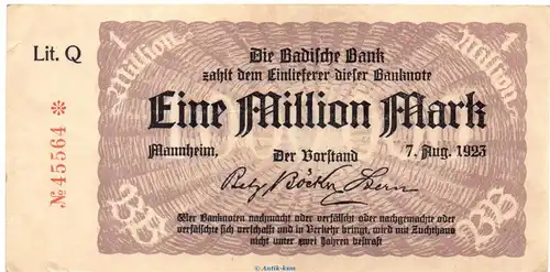 Länderbanknote , 1 Million Mark Schein in gbr. BAD-11.a, Ros.713, S.912 , vom 07.08.1923 , Badische Notenbank - Inflation