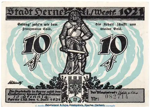 Notgeld Stadt Herne 602.4.a , 10 Pfennig -solang,Arbeit- in kfr. von 1921 Westfalen Seriennotgeld