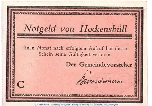 Notgeld Gemeinde Hockensbüll 614.1.b , 50 Pfennig Schein C -rosa- in kfr. o.D. Schleswig Holstein Seriennotgeld