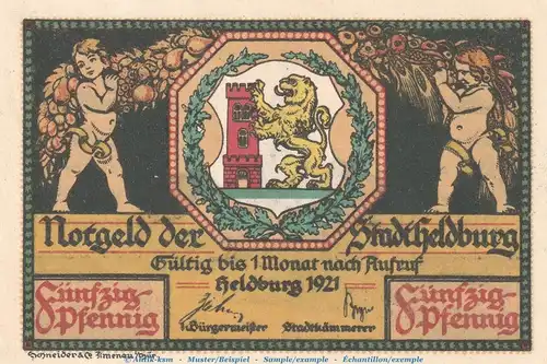Notgeld Stadt Heldburg 594.1 , 50 Pfennig Schein Nr.5 in kfr. von 1921 , Thüringen Seriennotgeld