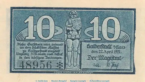 Notgeld Stadt Halberstadt 504.2.a , 10 Pfennig Schein Nr.1 in kfr. von 1921 , Sachsen Anhalt Seriennotgeld