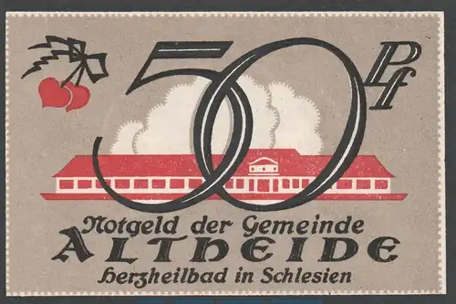 Notgeld Gemeinde Altheide 28.2 , 50 Pfennig Schein -rot- in kfr. von 1921 , Schlesien Seriennotgeld