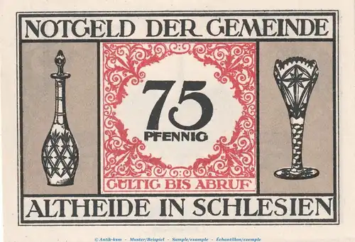 Notgeld Gemeinde Altheide 28.2 , 75 Pfennig Schein -rot- in kfr. von 1921 , Schlesien Seriennotgeld