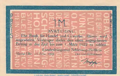 Notgeld Landesbürgerrat Altona 29.1.b , 1 Mark schwarz -L über B- in kfr. von 1922 , Hamburg Seriennotgeld