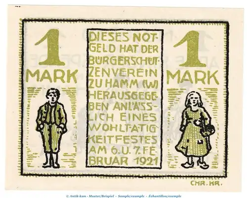 Notgeld Bürgerschützenverein Hamm 567.1.a , 1 Mark Schein in kfr. von 1921 , Westfalen Seriennotgeld