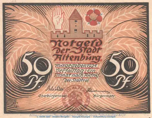 Notgeld Bauernserie Altenburg 21.4 , 50 Pfennig Schein Nr.3 in kfr von 1921 , Thüringen Seriennotgeld