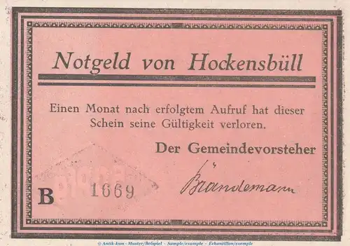 Notgeld Gemeinde Hockensbüll 614.1.a , 50 Pfennig B --Mit Kn-- in kfr. o.D. Schleswig Holstein Seriennotgeld