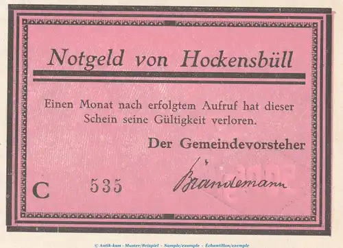 Notgeld Gemeinde Hockensbüll 614.2.a , 50 Pfennig C --Mit Kn-- in kfr. o.D. Schleswig Holstein Seriennotgeld