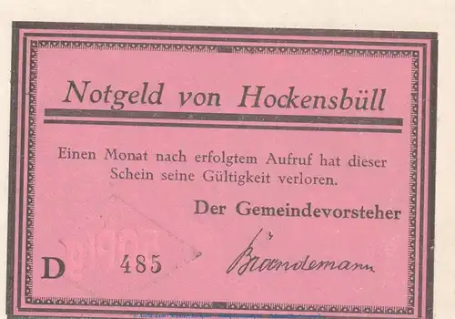 Notgeld Gemeinde Hockensbüll 614.2.a , 50 Pfennig D --Mit Kn-- in kfr. o.D. Schleswig Holstein Seriennotgeld