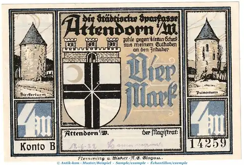 Notgeld Magistrat Attendorn 51.1.b , 4 Mark -Datum + Us.- in kfr. o.D. Westfalen Seriennotgeld