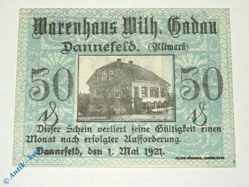 Notgeld Dannefeld , 50 Pfennig Schein , Mehl Grabowski 256.1 , von 1921 , Sachsen Anhalt Serien Notgeld