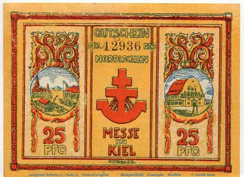 Notgeld Stadt Kiel o. Raster 698.1.c , 25 Pfennig Schein in kfr. von 1921 , Schleswig Holstein Seriennotgeld