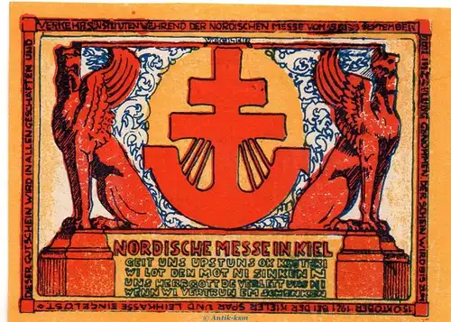 Notgeld Norische Messe Kiel 698.1.b , 10 Pfennig Musterschein o.Kn. in kfr.. von 1921 , Schleswig Holstein Seriennotgeld