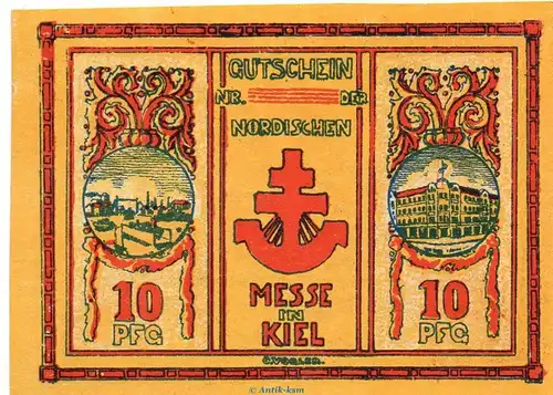 Notgeld Norische Messe Kiel 698.1.b , 10 Pfennig Musterschein o.Kn. in kfr.. von 1921 , Schleswig Holstein Seriennotgeld