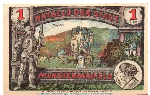 Notgeld Stadt Münstermaifeld 919.2 , 1 Mark Schein Nr.2  -grau und dünn- in kfr. von 1921 , Rheinland Seriennotgeld