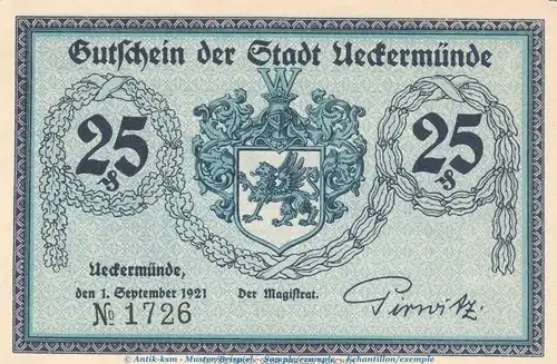 Notgeld Stadt Ueckermünde 1350.1 , 25 Pfennig Schein Nr.2 in kfr. von 1921 , Mecklenburg Vorpommern Seriennotgeld