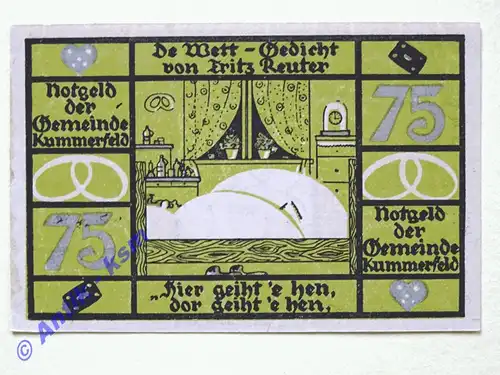 Notgeld Kummerfeld , Schleswig Holstein , Einzelschein über 75 Pfennig , Mehl Grabowski 749.6 A , Seriennotgeld