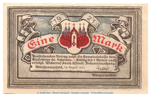 Notgeld Stadt Münstermaifeld 919.2 , 1 Mark Schein Nr.1 -grau und dünn- in kfr. von 1921 , Rheinland Seriennotgeld