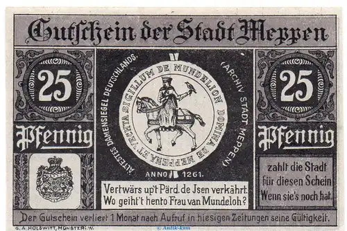 Notgeld Stadt Meppen 883.2 , 25 Pfennig Schein -grau- in kfr. von 1921 , Niedersachsen Seriennotgeld
