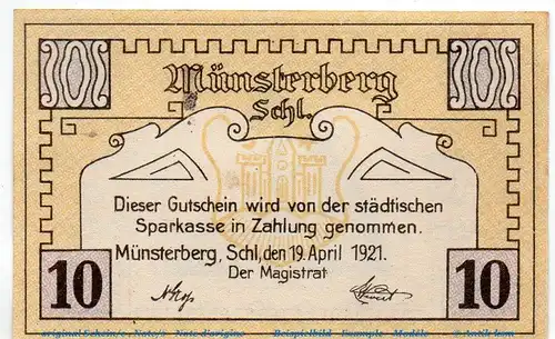 Notgeld Stadt Münsterberg 918.1 , 10 Pfennig Schein in kfr. von 1921 , Schlesien Seriennotgeld