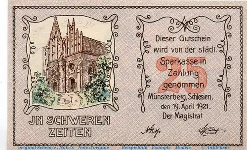 Notgeld Stadt Münsterberg 918.1 , 25 Pfennig Schein in kfr. von 1921 , Schlesien Seriennotgeld