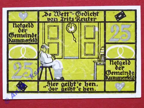 Notgeld Kummerfeld , Einzelschein über 25 Pfennig , Mehl Grabowski 749.8 A , Seriennotgeld Schleswig Holstein