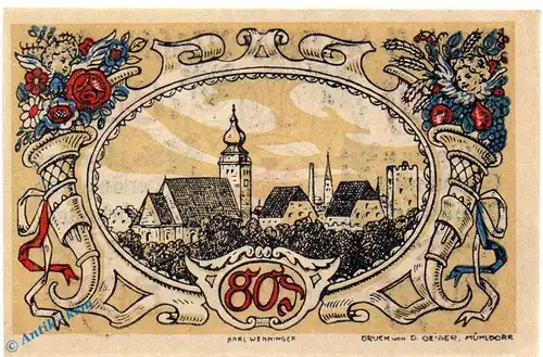 Notgeld Mühldorf , Einzelschein über 80 Pfennig oliv in kfr. Mehl Grabowski 904.3 , Bayern Seriennotgeld