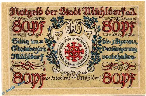 Notgeld Mühldorf , Einzelschein über 80 Pfennig oliv in kfr. Mehl Grabowski 904.3 , Bayern Seriennotgeld