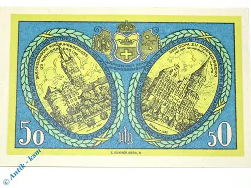 Notgeld Königsberg , Eluka , Einzelschein über 50 Pfennig blau gelb , Mehl Grabowski 723.1 , von 1921 , Ostpreussen Seriennotgeld