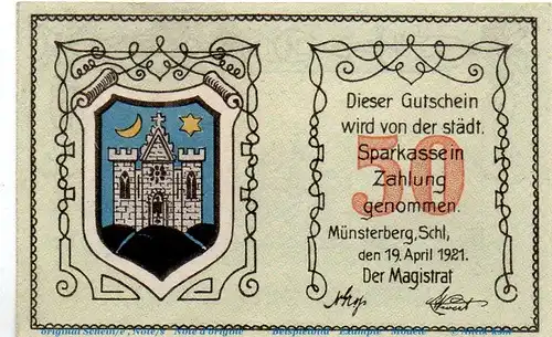 Notgeld Stadt Münsterberg 918.1 , 50 Pfennig Schein in kfr. von 1921 , Schlesien Seriennotgeld