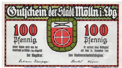 Notgeld Stadt Mölln 894.1 , 100 Pfennig Schein in kfr. o.D. Schleswig Holstein Seriennotgeld