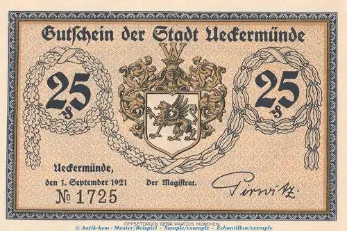 Notgeld Stadt Ueckermünde 1350.1 , 25 Pfennig Schein Nr.1 in kfr. von 1921 , Mecklenburg Vorpommern Seriennotgeld