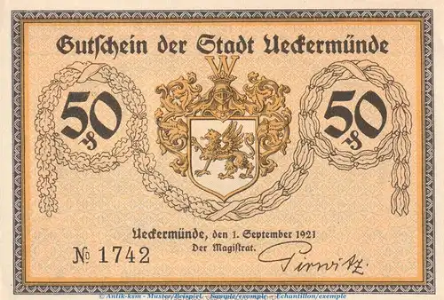 Notgeld Stadt Ueckermünde 1350.1 , 50 Pfennig Schein Nr.1 in kfr. von 1921 , Mecklenburg Vorpommern Seriennotgeld