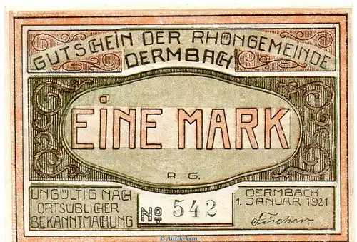 Notgeld Gemeinde Dermbach 264.1.b , 1 Mark KN 4,5 mm in kfr. von 1921 , Thüringen Seriennotgeld