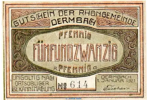 Notgeld Gemeinde Dermbach 264.1.b , 25 Pfennig KN 4,5 mm in kfr. von 1921 , Thüringen Seriennotgeld