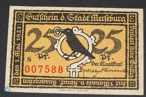 Notgeld Merseburg , 25 Pfennig Schein , Mehl Grabowski 884.2 , von 1921 , Sachsen Anhalt Seriennotgeld